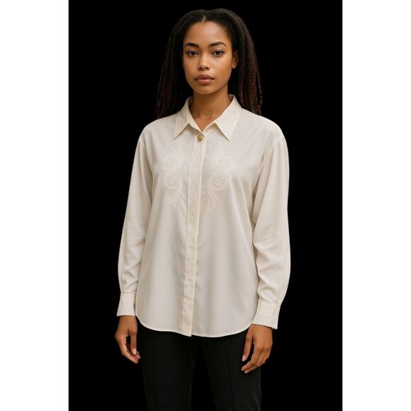 Vintage Jaclyn Smith White Embroidered Blouse With Pearl Buttons Size 14 - Picture 1 of 11